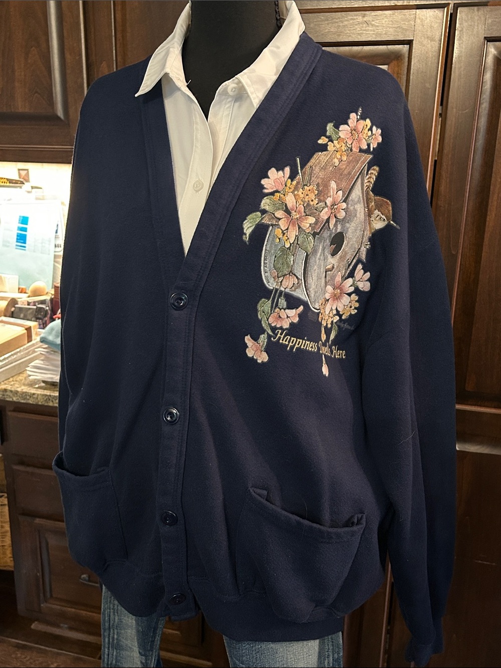 Jerzees Sz XL Navy Floral Birdhouse Graphic Button-Front Cardigan Sweatshirt
